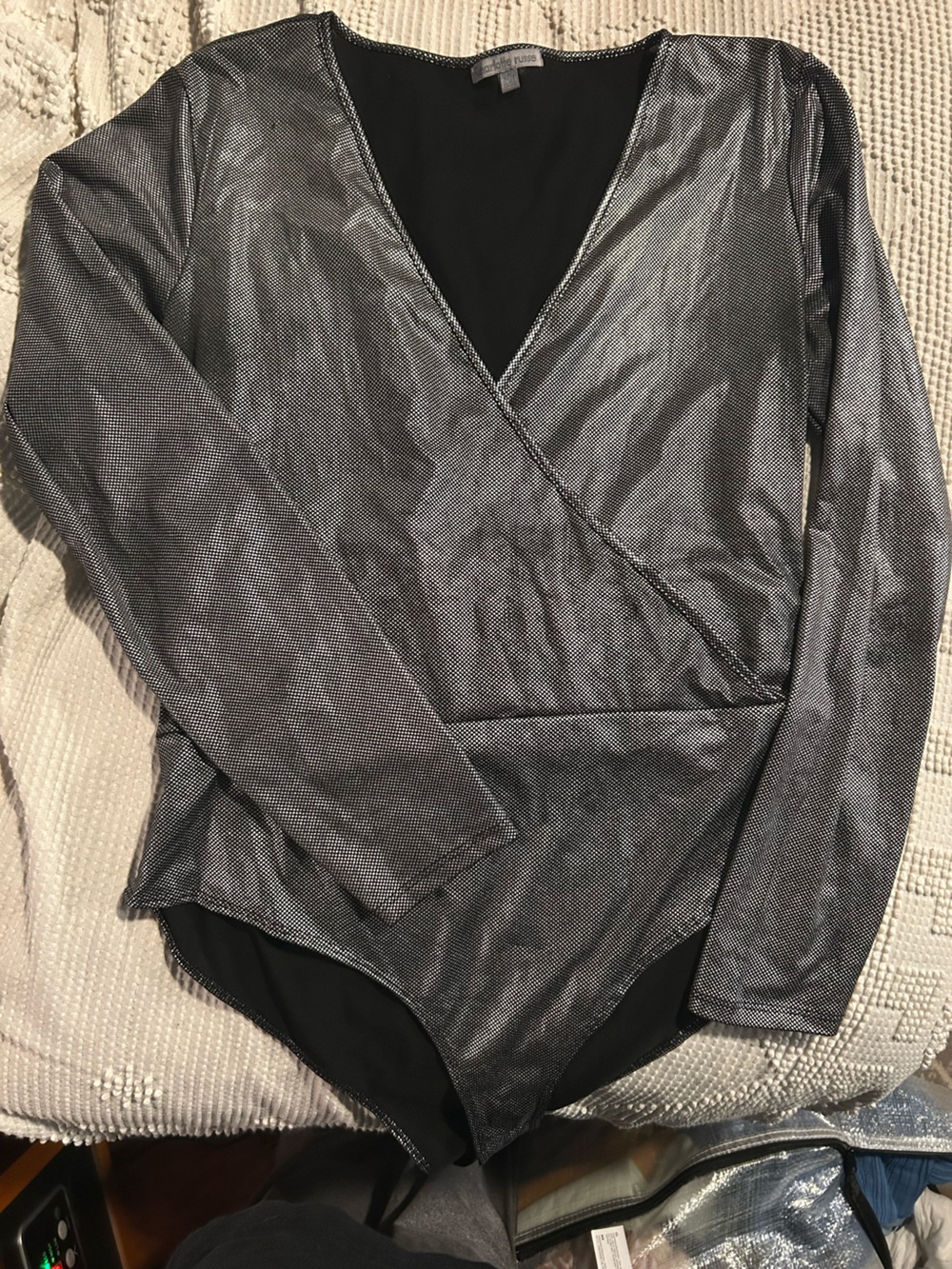 Charlotte Russe Silver Metallic Wrap-Style Bodysuit